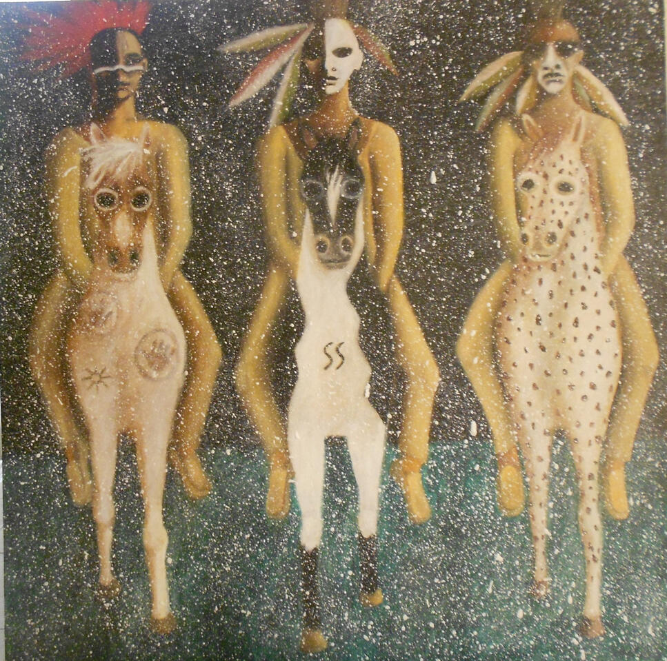 Painting of 3 Native American Men on Horseback while Snowing