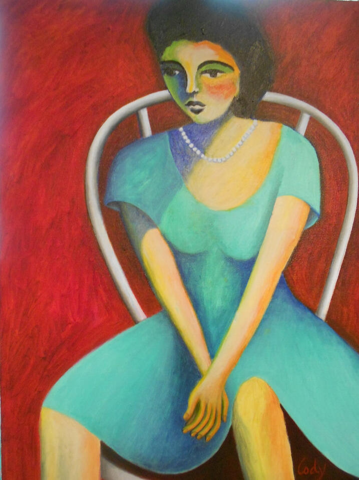 Painting of Woman Wearing Turquiose Dress with Pearls