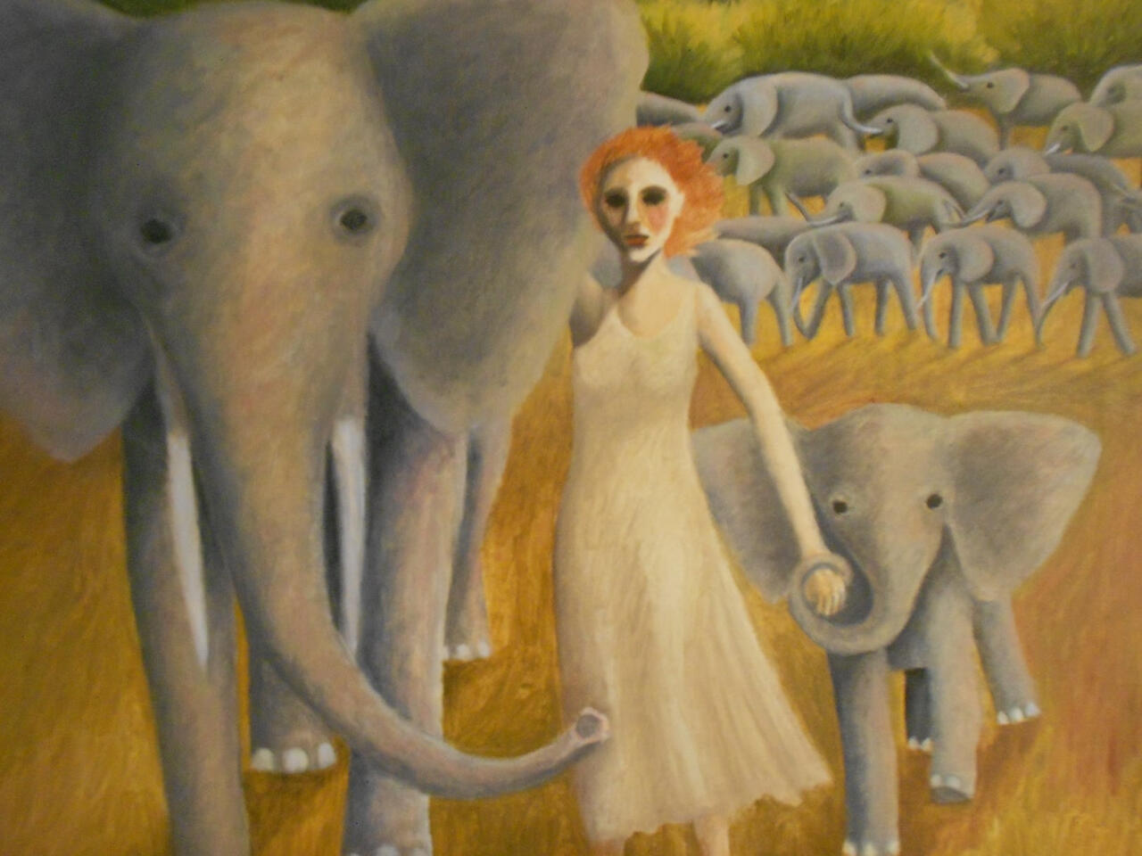 Painting of Woman Walking with Elephants