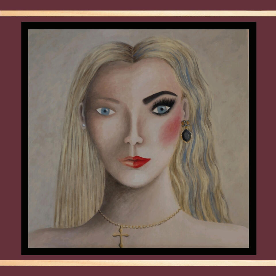 Painting of Wine Label with Woman's Face