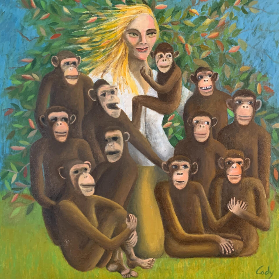 Painting of Jane Goodall and Chimps