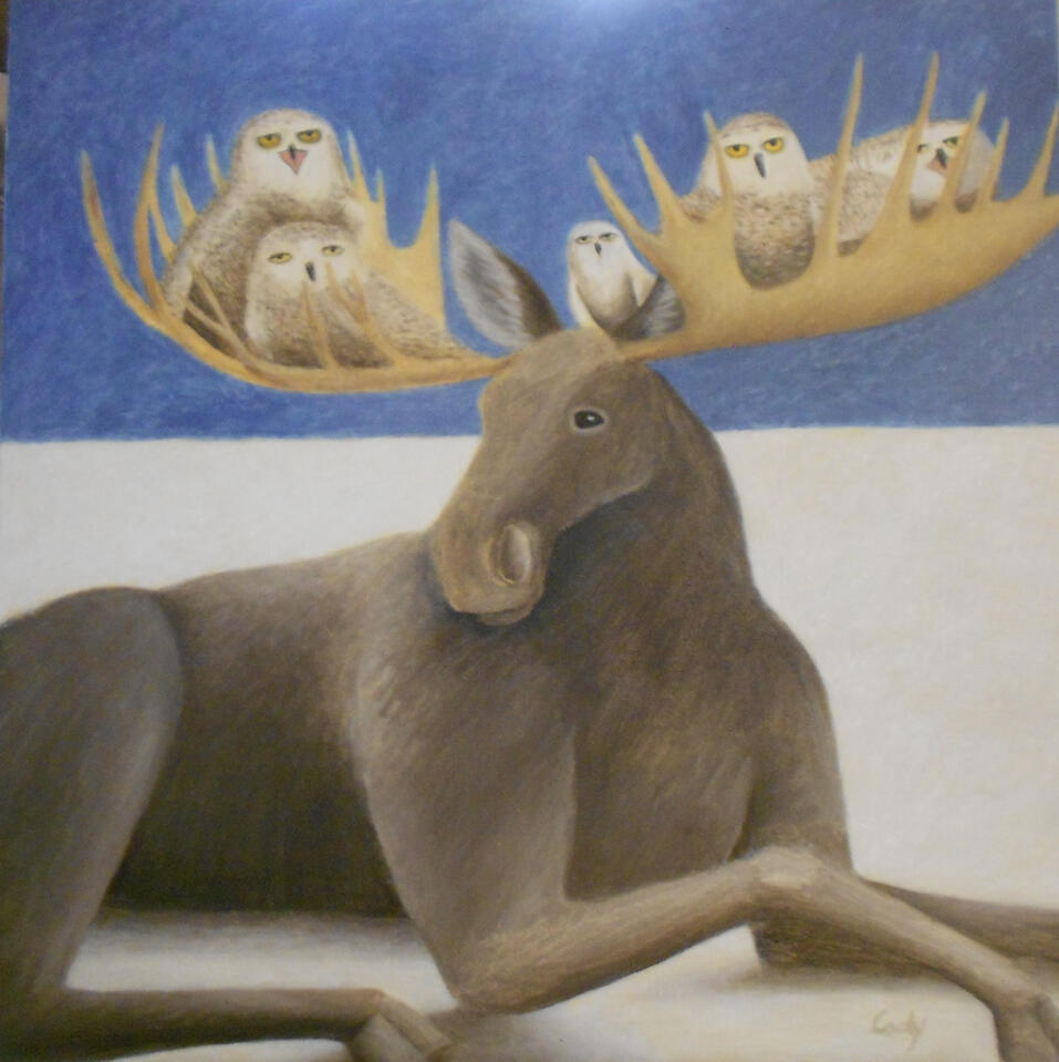 Painting of Moose with Owls Nesting in Horns