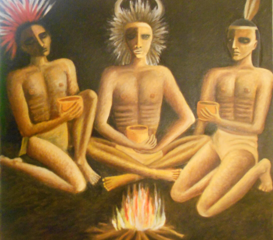 Painting of 3 Native American Men around a Campfire