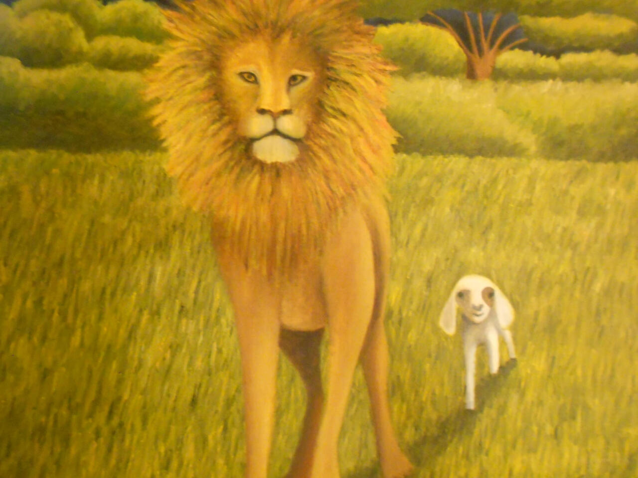 Painting of Lion Walking with Baby Goat